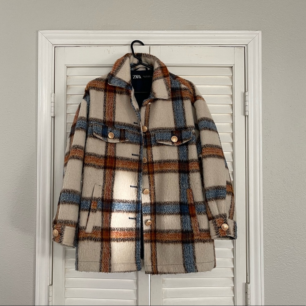 Zara Check Overshirt Plaid Jacket Ecru
